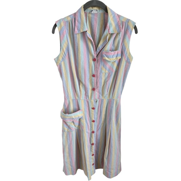 Vintage 70s Pastel Rainbow Seersucker Dress Activi-Tee Cotton Sun Dress XS Small - Picture 3 of 7